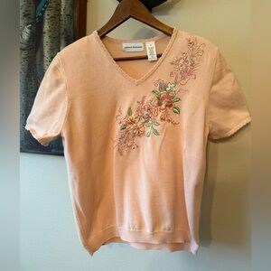 Alfred Dunner Sweater Women M Short Sleeve Spring Summer Pink Floral Embroidery